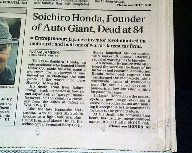 Soichiro Honda'nın ölümüyle ilgili ilk rapor kapsamı - Los Angeles Times 1991
